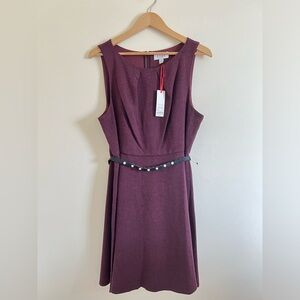 ELLE Womens Dress XL Burgundy Belt Pleated Fit & Flare Cocktail Preppy Summer